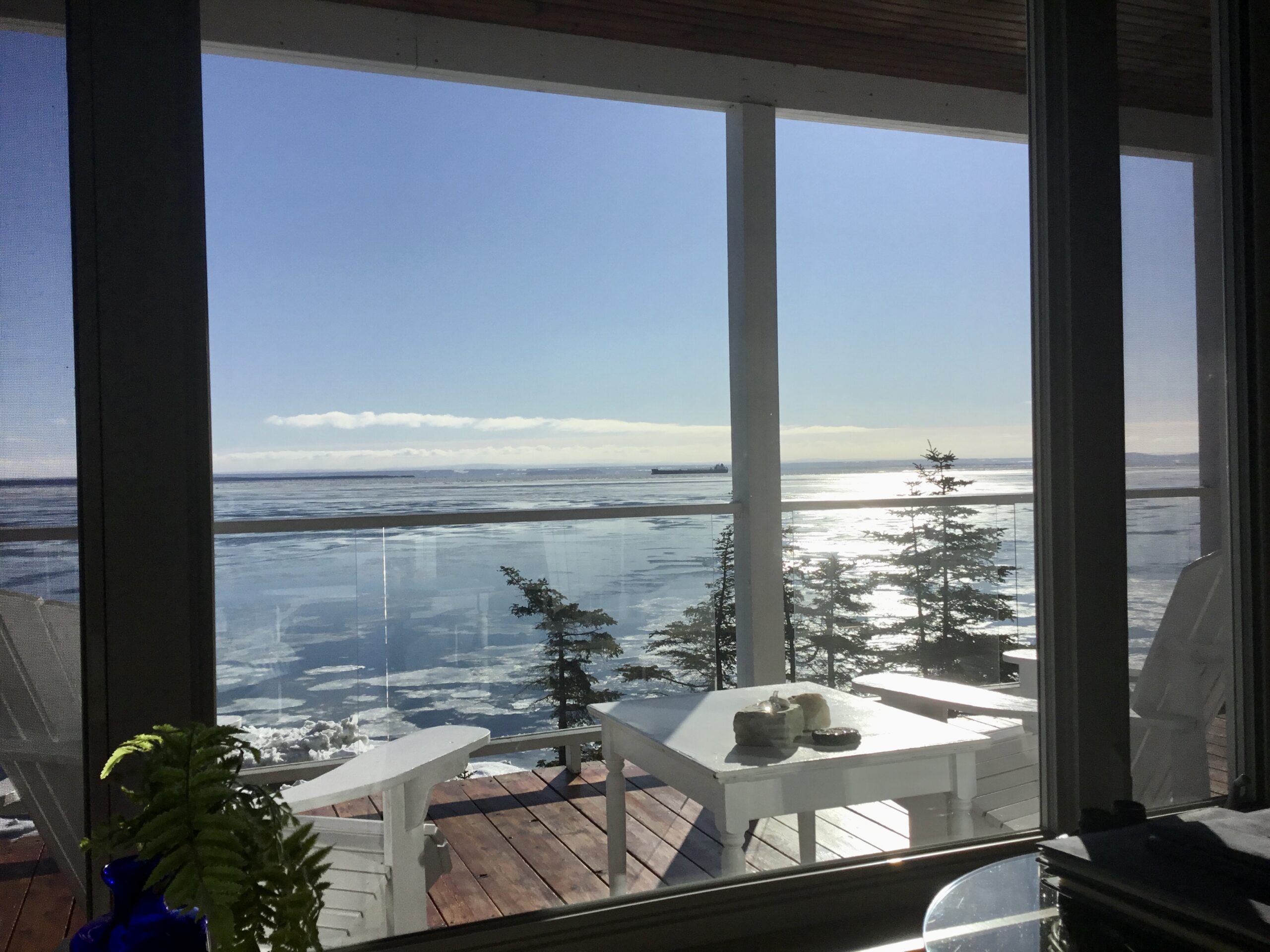 Vue du fleuve en pleine journée à l'intérieur du chalet